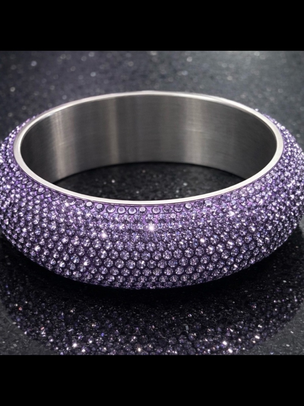 BLING Pave Set Purple Crystal Bangle statement Bracelet silver Stainless Steel